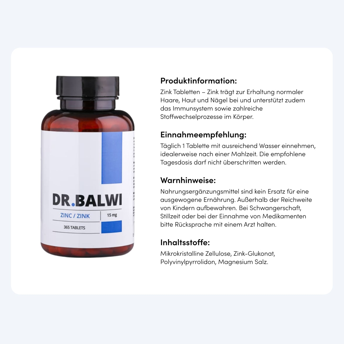 Eine Flasche Dr. Balwi Shop Zink Tabletten (15 mg, 365 Tabletten) steht neben einem deutschen Infokasten mit Anwendungshinweisen, Warnungen und Inhaltsstoffen - ideal zur Unterstützung von Immunsystem und Haarwachstum.