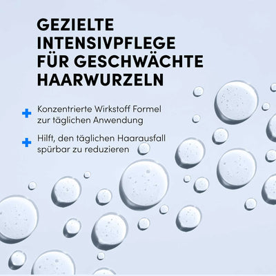 Illustration mit klaren Tropfen auf hellblauem Grund, fetter deutscher Text: Gezielte Intensivpflege für geschwächte Haarwurzeln. Aufzählungspunkte: Haarausfall reduzieren, Haarwachstum fördern, tägliche Anwendung mit dem Dr. Balwi Hair Boost Set von Dr. Balwi Shop.