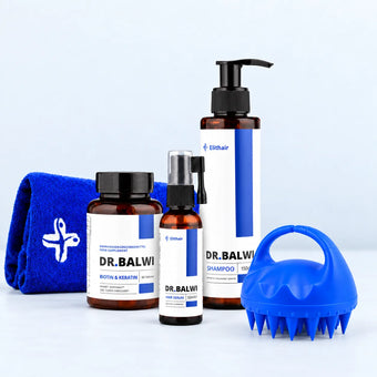 Das Anti-Haarausfall-Set von Dr. Balwi Shop enthält eine Flasche Haarserum, ein Procapil- & AnaGain-Shampoo, eine Dose mit Biotin- & Keratin-Tabletten, ein blaues Kopfhaut-Massagegerät und ein blaues Handtuch.