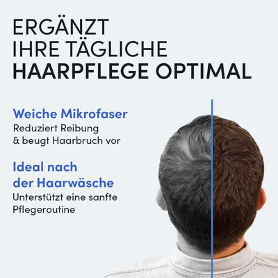 Ein Mann mit kurzem, dunklem Haar von hinten, daneben Text zu den Vorteilen des Mikrofaser Kopfhandtuchs von Dr. Balwi Shop: weniger Reibung und Haarbruch, unterstützt eine sanfte Pflegeroutine.
