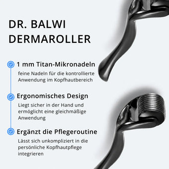 Abgebildet ist ein schwarzer Dr. Balwi Dermaroller aus dem Dr. Balwi Shop. Der Text hebt die 1-mm-Mikronadeln aus Titan, das ergonomische Design für eine sichere Anwendung sowie die Eignung für Ihre Kopfhautpflege hervor. Dieses Gerät eignet sich ideal für Mikronadelbehandlungen, fördert gesundes Haarwachstum und belebt Ihre Kopfhaut.
