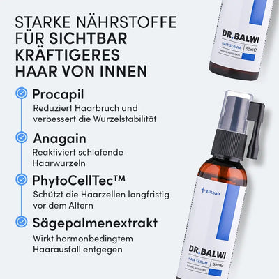 Eine Grafik zeigt die Flaschen des Dr. Balwi Hair Serum aus dem Dr. Balwi Shop mit den wichtigsten Inhaltsstoffen - Procapil, Anagain, Aloe Vera, Sägepalmenextrakt - und ihren deutschen Beschreibungen zur Bekämpfung von Haarausfall und zur Förderung von starkem, gesundem Haar.