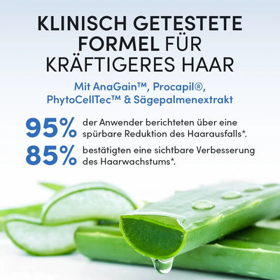 Aloe-Vera-Blätter mit Gel auf einer weißen Oberfläche. Oben wirbt ein deutscher Text für das Dr. Balwi Hair Serum aus dem Dr. Balwi Shop - klinisch getestet, um Haarausfall um 95% zu reduzieren und das Haarwachstum um 85% zu verbessern.