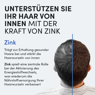 Ein Mann mit kurzem, lichtem Haar von hinten. Daneben ein Text: Zink Tabletten von Dr. Balwi Shop fördern das Haarwachstum, stärken die Wurzeln und unterstützen die Nährstoffversorgung für gesunde Haare.
