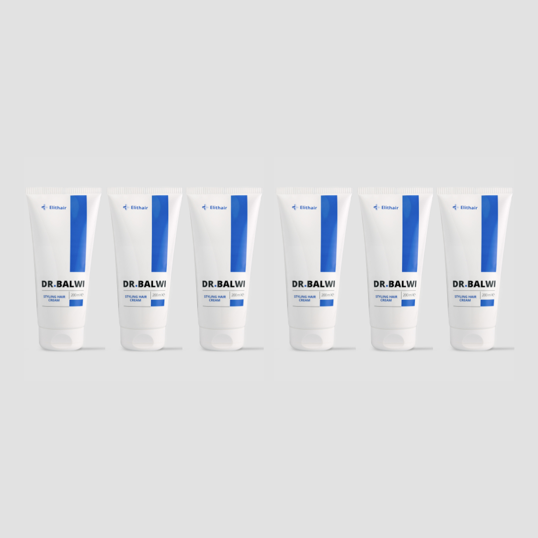 Sechs weiße Tuben der Styling & Repair Creme von Dr. Balwi Shop mit blauen Akzenten, die Arganöl für geschmeidiges Haar enthält, sind auf einem hellgrauen Hintergrund aufgereiht.