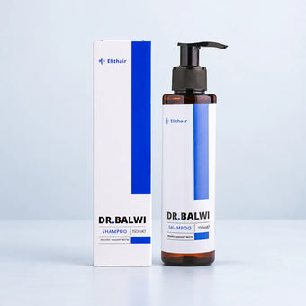 Eine Flasche Dr. Balwi-Shampoo mit einem Pumpspender neben der rechteckigen Produktverpackung.