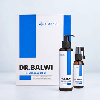 Ein Shampoo- und Spray-Set von Dr. Balwi Shop, bestehend aus einer Schachtel, einer Pumpflasche mit Shampoo und einer Sprühflasche mit Haarserum.