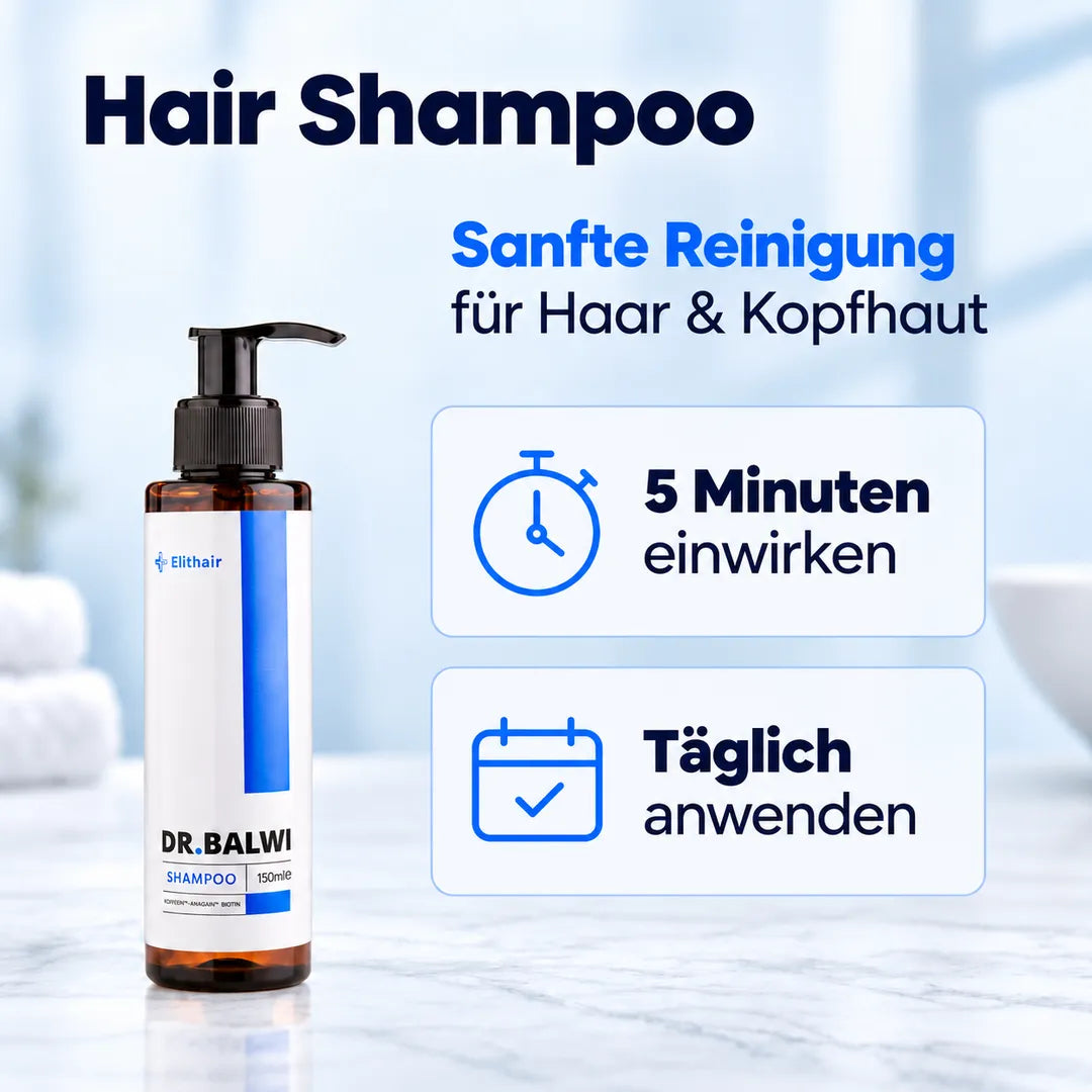 Dr. Balwi Hair Boost Set: Shampooflasche mit Gebrauchsanweisung für eine sanfte Reinigung, einer Einwirkzeit von 5 Minuten und täglicher Anwendung zur Kopfhautpflege.