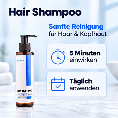 Dr. Balwi Shampoo in einer Flasche mit Pumpspender zur sanften Reinigung, mit einer Einwirkzeit von fünf Minuten und einer Anleitung zur täglichen Anwendung.