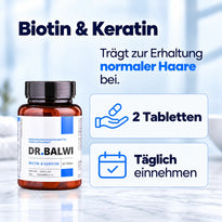 Eine Flasche Dr. Balwi Hair Boost Set – Tabletten mit Biotin und Keratin zur täglichen Haarpflege, auf deren Verpackung eine Dosierung von zwei Tabletten angegeben ist.