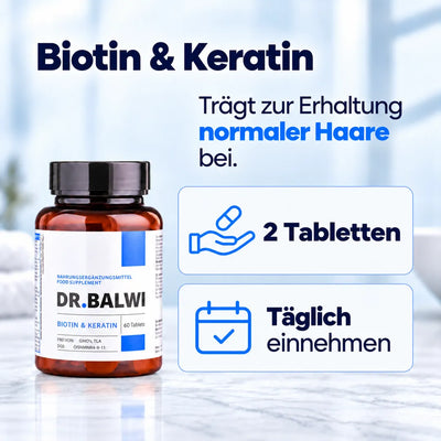 Eine Flasche Dr. Balwi Hair Boost Set – Tabletten mit Biotin und Keratin zur täglichen Haarpflege, auf deren Verpackung eine Dosierung von zwei Tabletten angegeben ist.