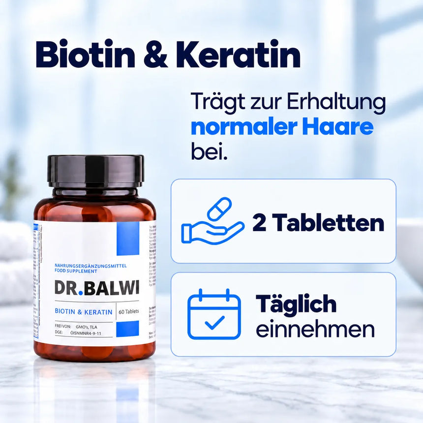 Eine Flasche Dr. Balwi Hair Boost Set – Tabletten mit Biotin und Keratin zur täglichen Haarpflege, auf deren Verpackung eine Dosierung von zwei Tabletten angegeben ist.