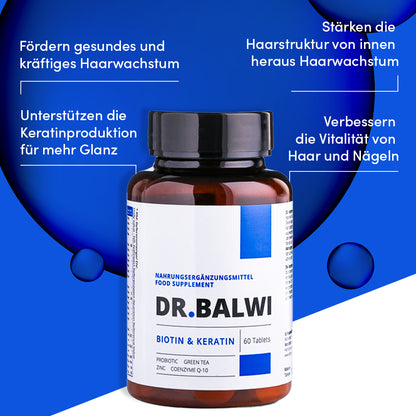Eine Flasche des Dr. Balwi Shop Anti-Haarausfall-Systems ist auf blauem Hintergrund abgebildet, mit deutschem Text, der die Vorteile für Haare und Nägel hervorhebt, wie beispielsweise verbessertes Wachstum, Vitalität und Glanz.