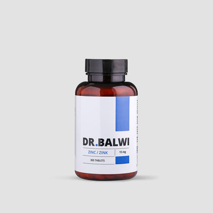 Eine braune Kunststoffflasche mit einer schwarzen Kappe mit der Aufschrift Zink Tabletten by Dr. Balwi Shop, 15 mg, 365 Tabletten, auf einem weißen und blauen Etikett - unterstützt Immunsystem und Haarwachstum - vor einem schlichten hellgrauen Hintergrund.