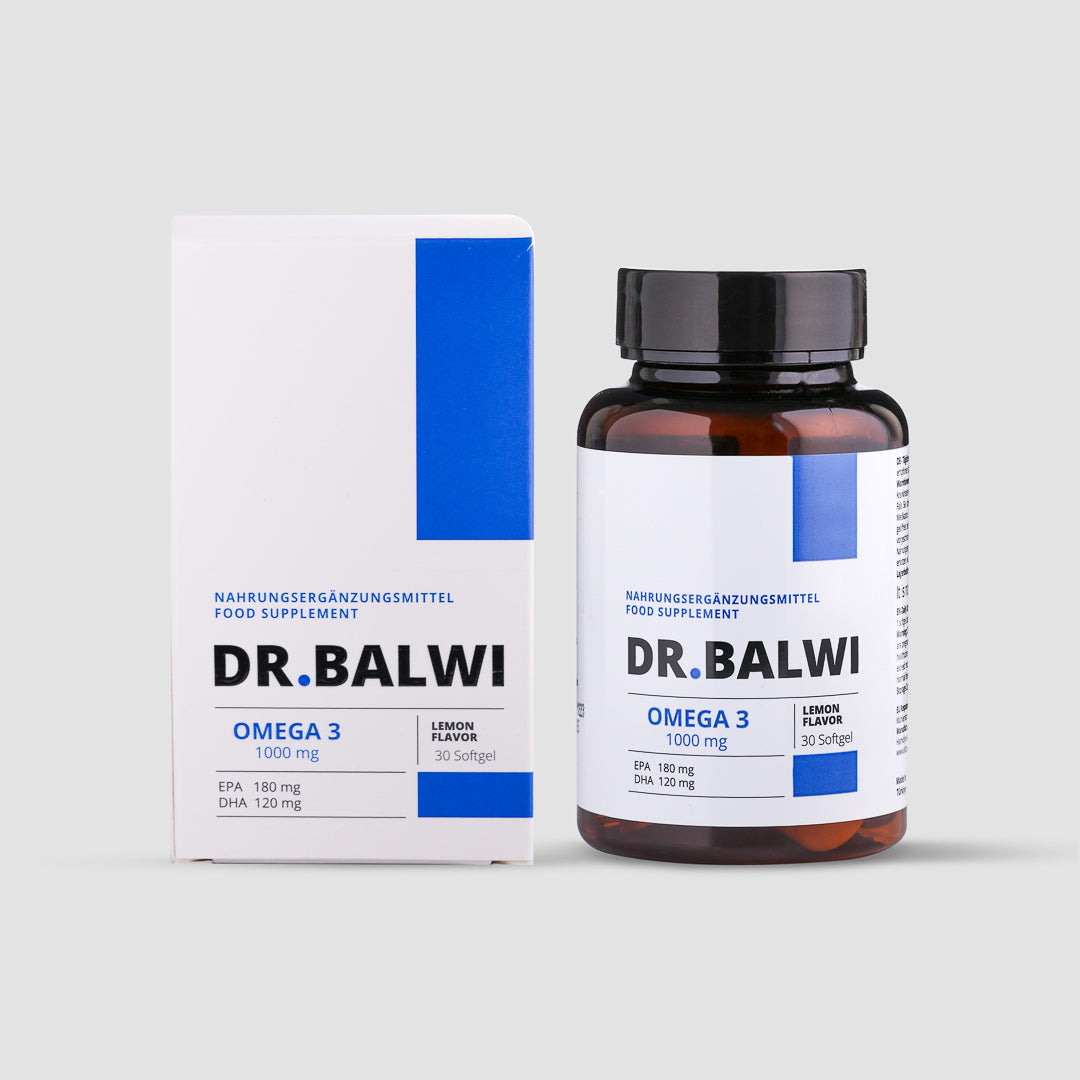 Eine Flasche und Schachtel Daily Omega 3 von Dr. Balwi Shop, 1000 mg, 30 Weichkapseln, blau-weiße Verpackung, beschriftet in Deutsch und Englisch zur Unterstützung des Haarwachstums - dargestellt auf einem schlichten hellgrauen Hintergrund.