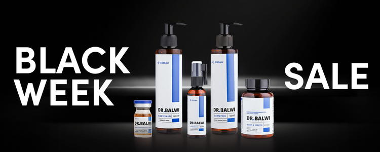 Black-Week-Sale-Promotion mit Dr. Balwi-Haarpflegeprodukten, darunter Shampoo-, Spray-, Serum- und Ergänzungsflaschen, die auf einem schwarzen Hintergrund dargestellt sind.