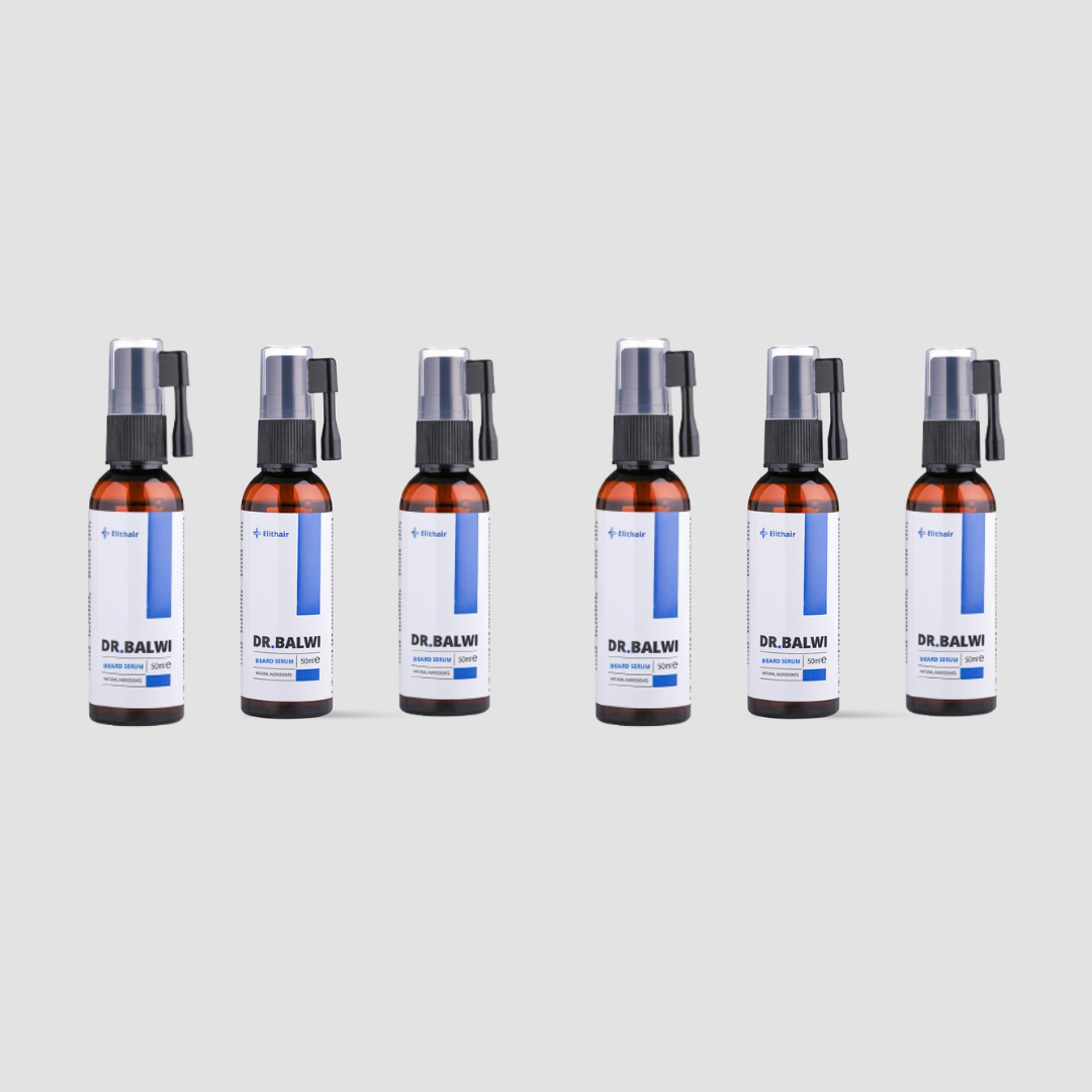 Sechs Dr. Balwi Beard Serum Sprühflaschen aus dem Dr. Balwi Shop mit weißen und blauen Etiketten sind in zwei Dreierreihen auf einem hellgrauen Hintergrund angeordnet. Jede braune Flasche hat einen schwarzen Sprühkopf und ist in gleichmäßigen Abständen angeordnet.