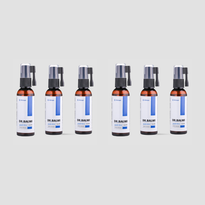 Sechs Dr. Balwi Beard Serum Sprühflaschen aus dem Dr. Balwi Shop mit weißen und blauen Etiketten sind in zwei Dreierreihen auf einem hellgrauen Hintergrund angeordnet. Jede braune Flasche hat einen schwarzen Sprühkopf und ist in gleichmäßigen Abständen angeordnet.