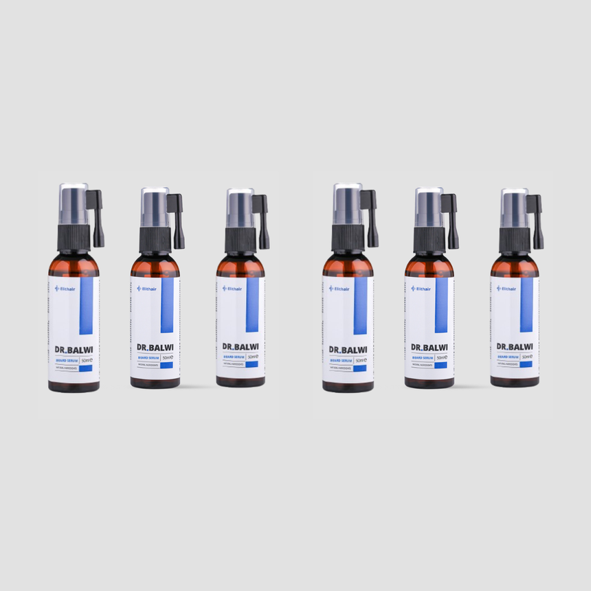 Sechs Dr. Balwi Beard Serum Sprühflaschen aus dem Dr. Balwi Shop mit weißen und blauen Etiketten sind in zwei Dreierreihen auf einem hellgrauen Hintergrund angeordnet. Jede braune Flasche hat einen schwarzen Sprühkopf und ist in gleichmäßigen Abständen angeordnet.