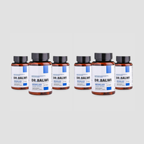 Sechs bernsteinfarbene Flaschen Dr. Balwi Shop Bromelain mit weißen Etiketten mit blauen Akzenten und schwarzen Verschlüssen sind in zwei Reihen auf einem hellgrauen Hintergrund angeordnet.