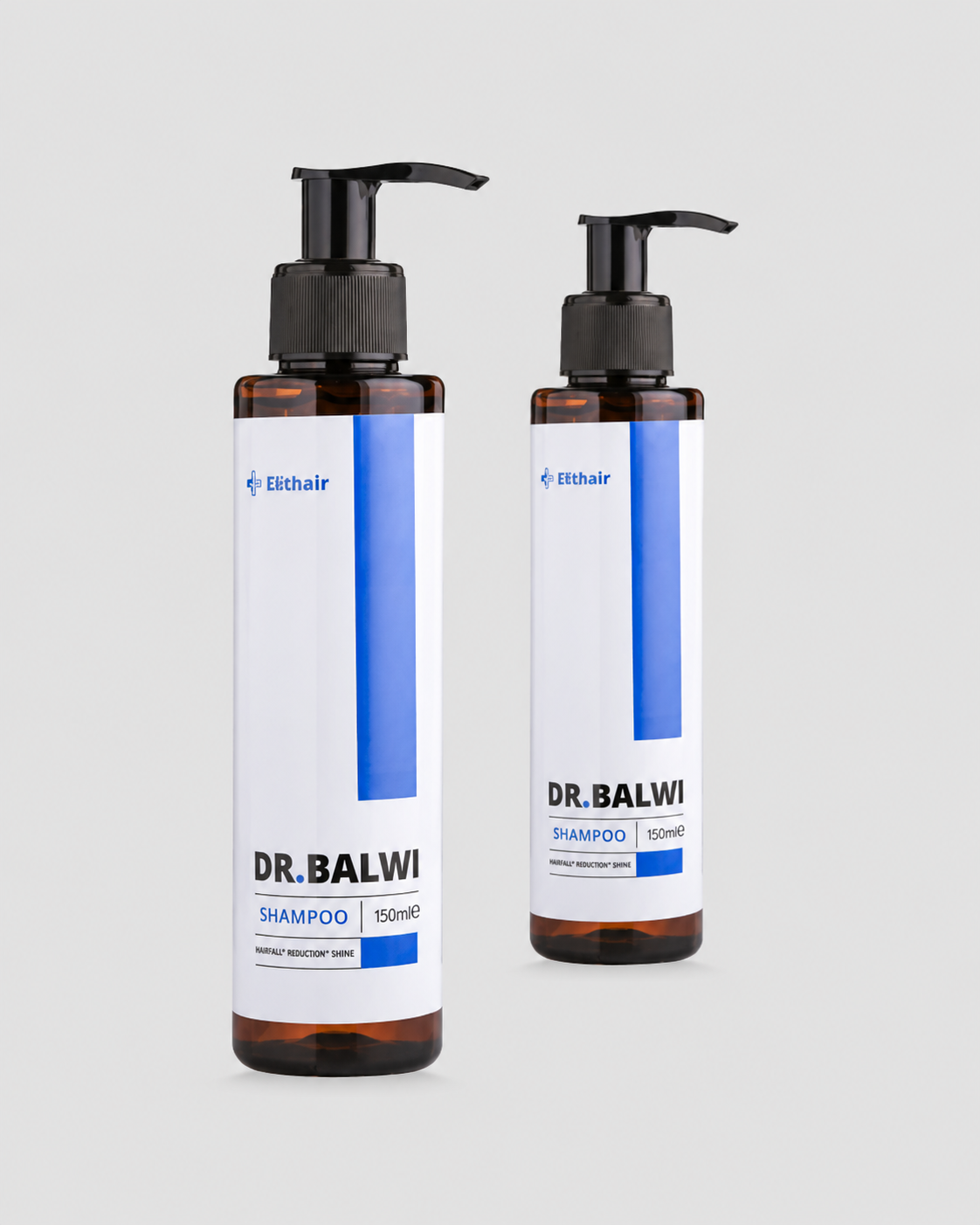 Zwei 150 ml-Flaschen Dr. Balwi Shampoo aus dem Dr. Balwi Shop mit schwarzer Pumpe und weißem Etikett mit blauen Akzenten stehen auf einem hellgrauen Hintergrund. Beide Flaschen sind zur Unterstützung eines gesunden Haarwachstums gedacht.
