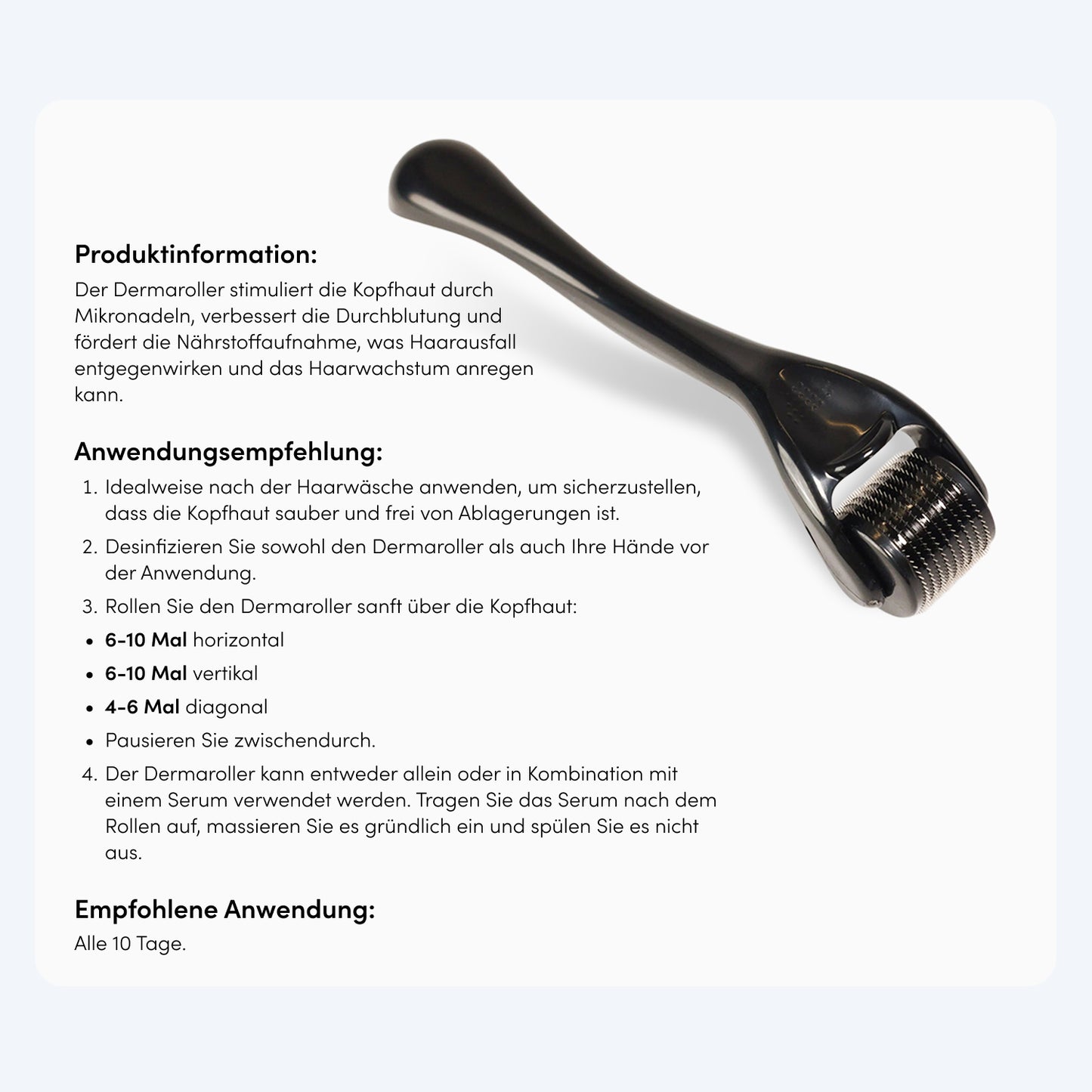 Ein Dr. Balwi Dermaroller von Dr. Balwi Shop mit feinen Nadeln liegt auf weißem Hintergrund. Daneben sind deutschsprachige Infos und Anwendungstipps zum Microneedling bei Haarausfall und zur Kopfhautpflege zu sehen.