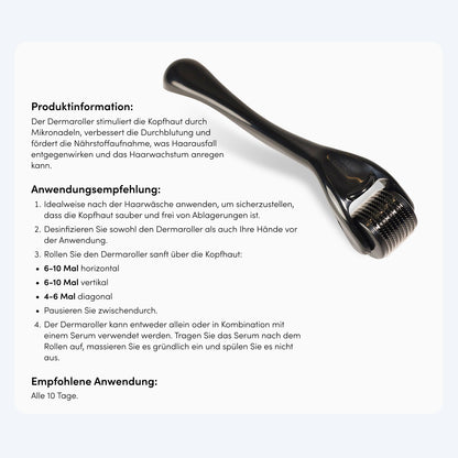 Ein Dr. Balwi Dermaroller von Dr. Balwi Shop mit feinen Nadeln liegt auf weißem Hintergrund. Daneben sind deutschsprachige Infos und Anwendungstipps zum Microneedling bei Haarausfall und zur Kopfhautpflege zu sehen.