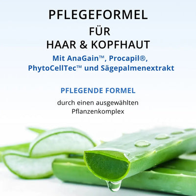 Aloe-Vera-Blätter mit einem Tropfen Gel und ein deutscher Werbetext für das Dr. Balwi Hair Serum von Dr. Balwi Shop – eine Pflegeformel für Haar und Kopfhaut mit AnaGain, Procapil, PhytoCellTec, Sägepalmen-Extrakt und Haarausfall-Serum – ideal zur Förderung eines gesunden Haarwachstums und zur Vorbeugung von Haarausfall.