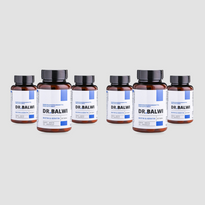 Sechs braune Fläschchen mit schwarzem Deckel, die mit Biotin & Keratin Tabletten aus dem Dr. Balwi Shop in Weiß und Blau beschriftet sind, stehen vor einem hellgrauen Hintergrund - perfekt zur Unterstützung des Haarwachstums.