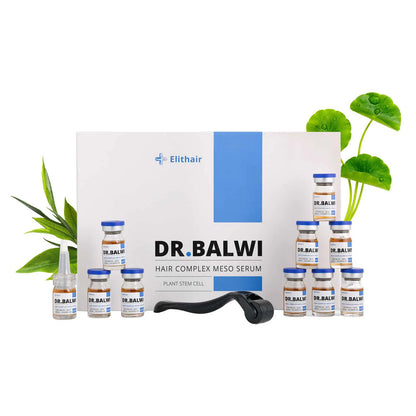 Das Dr. Balwi Meso Therapie Set von Dr. Balwi Shop besteht aus einer Box, 12 Meso Serum Fläschchen, einem Tropfer und einem schwarzen Dermaroller, arrangiert mit grünen Pflanzen auf weißem Hintergrund - eine effektive Lösung gegen Haarausfall.
