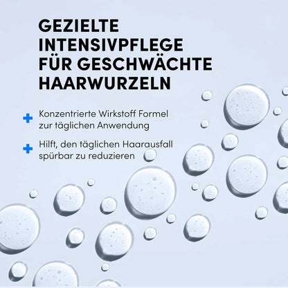 Gezielte Intensivpflege für geschwächte Haarwurzeln mit dem Dr. Balwi Meso Therapie Set von Dr. Balwi Shop - konzentrierte Wirkstoffformel gegen Haarausfall, visualisiert durch transparente Wasserblasen auf hellblauem Grund.