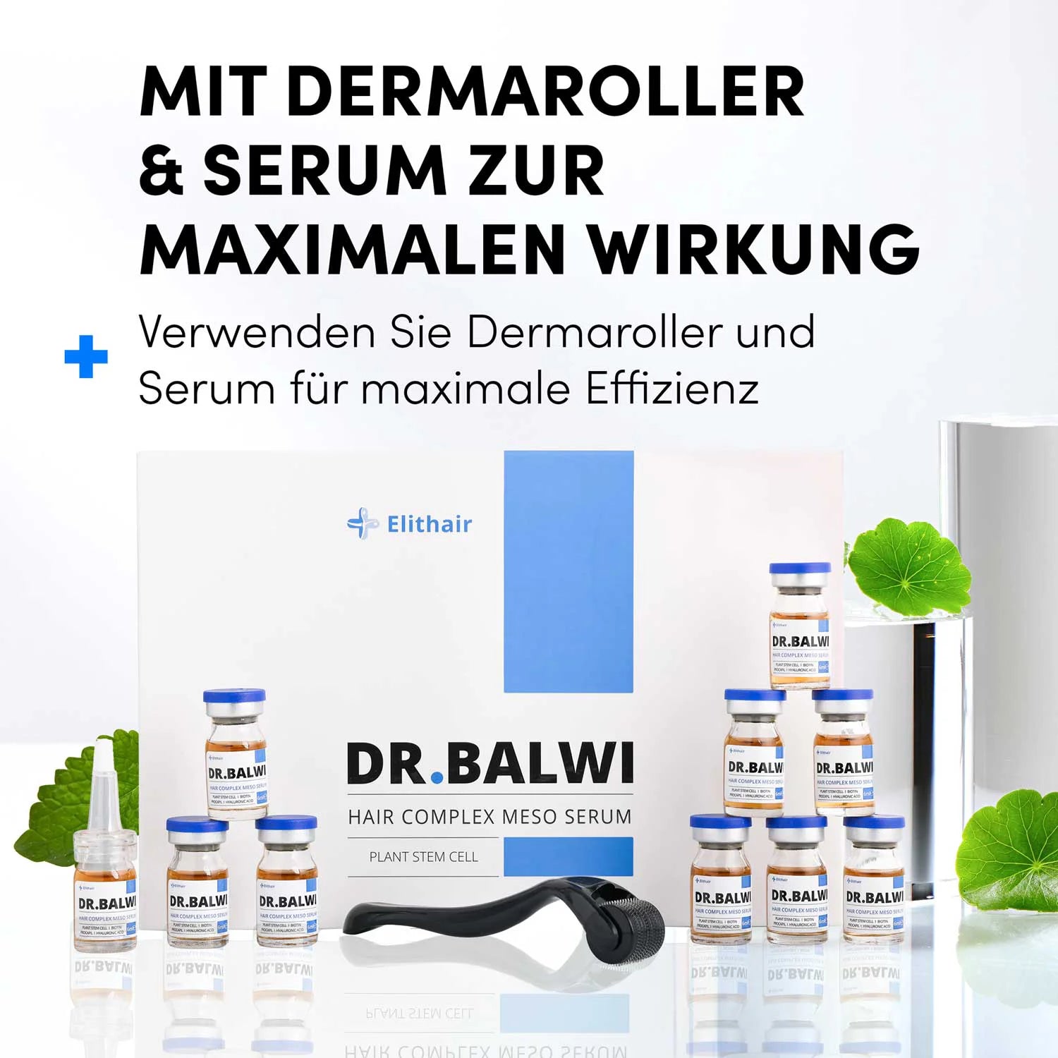 Schachtel und Flaschen des Dr. Balwi Meso Therapie Sets von Dr. Balwi Shop mit einem Dermaroller im Vordergrund; deutscher Text hebt die Vorteile von Microneedling und Serum für Haarausfall hervor, während grüne Blätter die Szene schmücken.