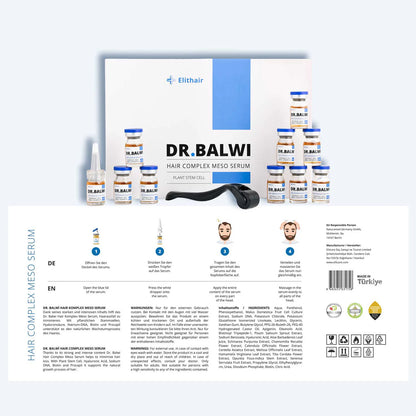 Eine Produktpräsentation des Dr. Balwi Meso Therapie Sets aus dem Dr. Balwi Shop mit mehreren Serumfläschchen gegen Haarausfall, einem Microneedling-Roller und einer weißen Gebrauchsanweisung mit Text, Illustrationen und Symbolen.