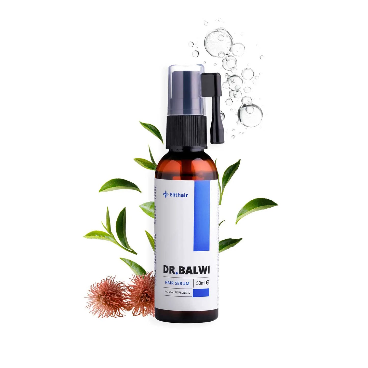 Eine braune Flasche Dr. Balwi Hair Serum aus dem Dr. Balwi Shop mit einem Pumpspender wird zwischen grünen Blättern, einer kleinen Pflanze, Blasen und einer Samenkapsel ausgestellt, um die Unterstützung des Haarwachstums vor einem weißen Hintergrund zu betonen.