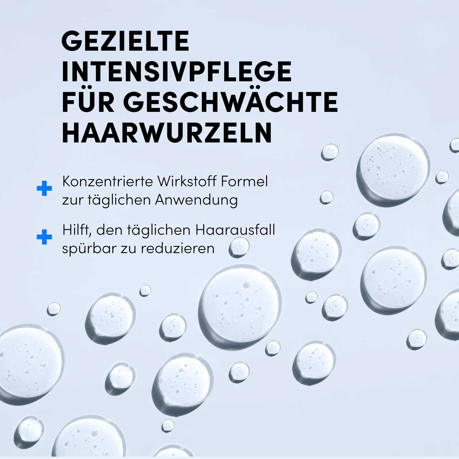 Der Text bewirbt gezielte Intensivpflege bei Haarwurzel-Schwäche und Haarausfall. Transparente Tropfen auf hellblauem Hintergrund verweisen auf das Dr. Balwi Hair Serum von Dr. Balwi Shop, das das Haarwachstum fördert.