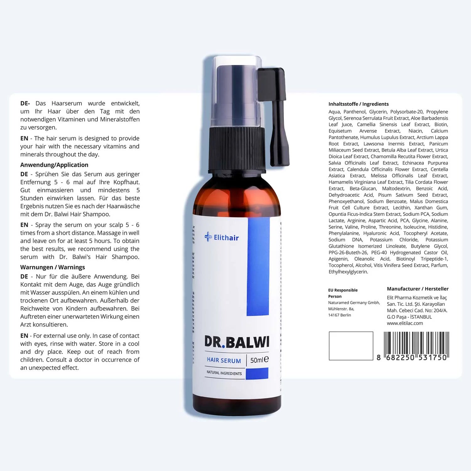 Das Dr. Balwi Shop Shampoo & Spray Set ist mit Anleitungen und Inhaltsstoffen in deutscher und englischer Sprache versehen, ideal für die Pflege nach einer Haartransplantation oder bei Haarausfall, präsentiert in einem hellen Hintergrund.