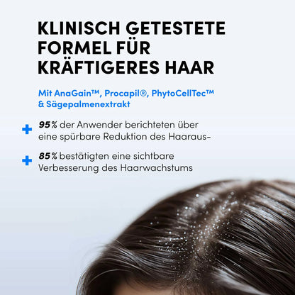 Eine Werbegrafik für das Dr. Balwi Hair Serum von Dr. Balwi Shop zeigt einen Haaransatz mit aufgetragenem Produkt und dem Text: "Klinisch getestete Formel für kräftigeres Haar", plus Statistiken zu weniger Haarausfall und mehr Haarwachstum.