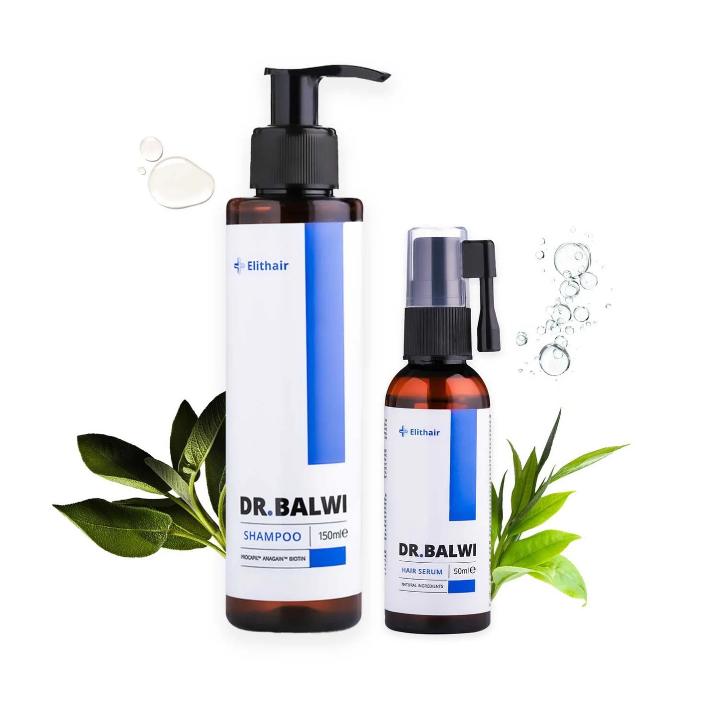 Zwei Flaschen des Dr. Balwi Shop Shampoo & Spray Sets stehen aufrecht mit grünen Blättern, Wassertropfen und Blasen. Die braunen Flaschen haben weiße und blaue Etiketten mit schwarzen Pumpen - ideal für die Pflegeroutine nach einer Haartransplantation.