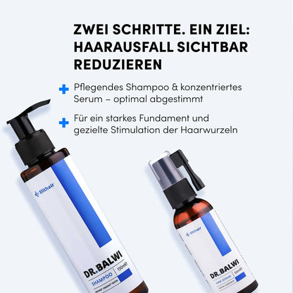 Das Dr. Balwi Shop Shampoo & Spray Set mit deutschen Etiketten bietet ein zweistufiges Pflegesystem für die Zeit nach der Haartransplantation, das die Haarwurzeln nährt, stärkt und den Haarausfall sichtbar reduziert.
