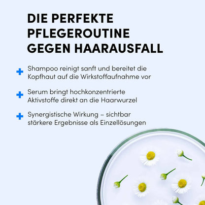 Die perfekte Pflegeroutine gegen Haarausfall" mit drei Tipps für die Haarpflege. Unten rechts ein Schale Wasser mit Kamillenblüten - ideal ergänzt durch das Shampoo & Spray Set von Dr. Balwi Shop.