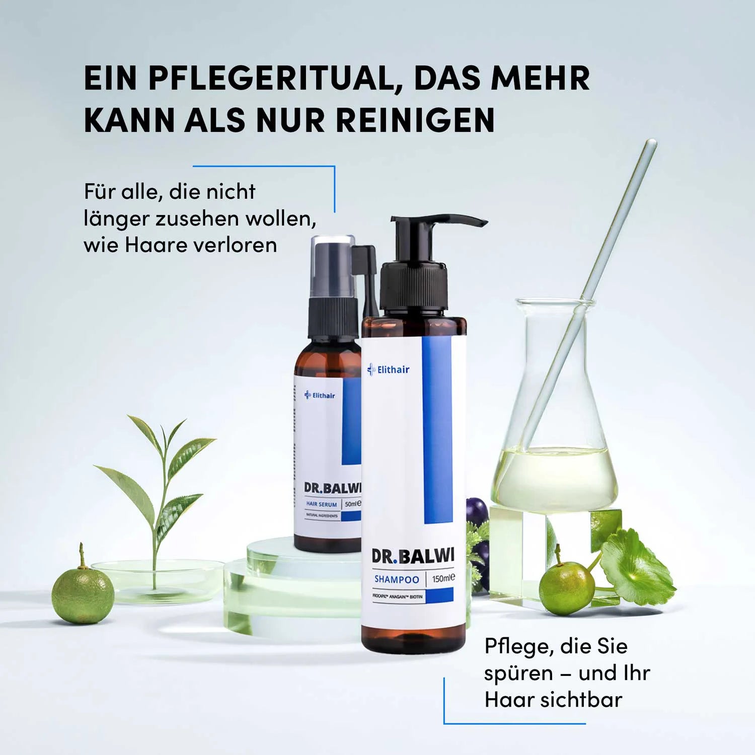 Das Dr. Balwi Shop Shampoo & Spray Set wird mit Rosmarin, Minzblättern und einem Fläschchen präsentiert. Der deutsche Text hebt die sichtbaren Haarverbesserungen und das Set als ideales Nachsorge-Ritual nach einer Haartransplantation hervor.