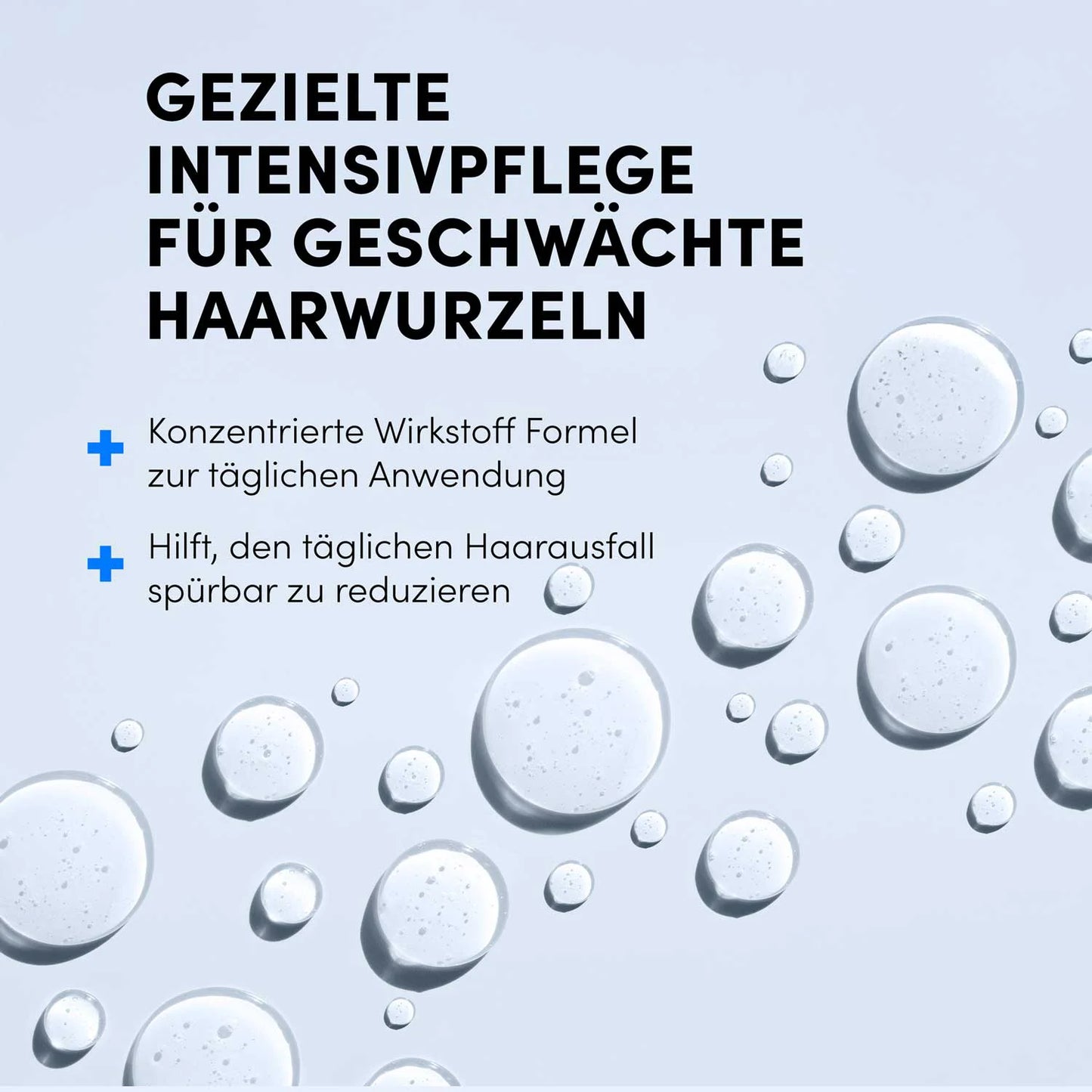 Illustration mit klaren Tropfen auf hellblauem Grund, fetter deutscher Text: Gezielte Intensivpflege für geschwächte Haarwurzeln. Aufzählungspunkte: Haarausfall reduzieren, Haarwachstum fördern, tägliche Anwendung mit dem Dr. Balwi Hair Boost Set von Dr. Balwi Shop.