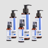 Fünf Flaschen des Dr. Balwi Shop Shampoo & Spray Sets sind auf einem schlichten hellgrauen Hintergrund angeordnet. Die Flaschen verfügen über Pump- und Sprühaufsätze mit weißen und blauen Etiketten mit schwarzem Text.