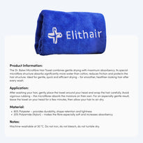 Ein aufgerolltes Mikrofaser Kopfhandtuch von Dr. Balwi Shop ist abgebildet. Daneben beschreibt ein Text Produktdetails, Anwendungshinweise, Materialzusammensetzung und Waschanleitung.