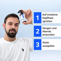 Ein Mann hält eine Flasche Dr. Balwi Hair Serum in der Hand, daneben steht die Anleitung, das Leave-in-Serum morgens und abends auf die trockene Kopfhaut zu sprühen, ohne es auszuspülen.