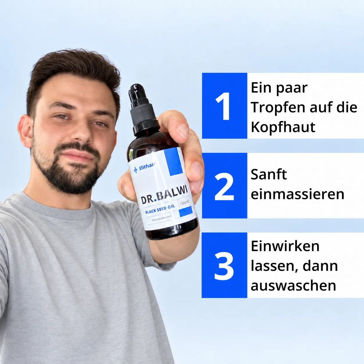 Ein Mann hält eine Flasche Premium Schwarzkümmelöl neben einer dreiteiligen Gebrauchsanweisung in der Hand: 1. Einige Tropfen auf die Kopfhaut auftragen, 2. Sanft einmassieren, 3. Einwirken lassen und anschließend auswaschen.