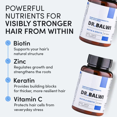 Das Bild zeigt zwei Flaschen mit der Aufschrift "DR. BALWI Biotin & Keratin" sowie einen Text, der erklärt, dass Biotin, Zink, Keratin und Vitamin C das Haar von innen heraus sichtbar kräftigen, indem sie die Struktur, das Wachstum, die Widerstandsfähigkeit und den Schutz vor Stress unterstützen.