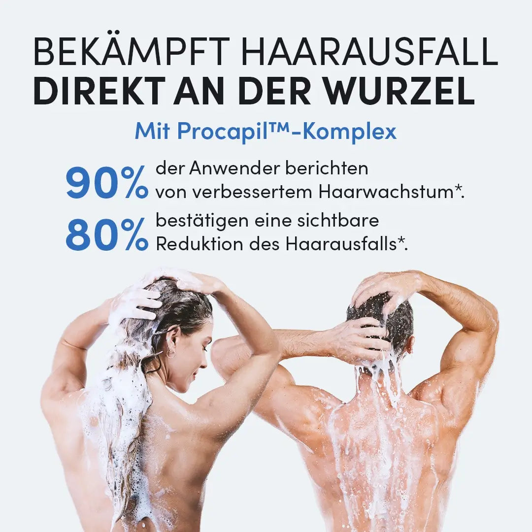 Eine Frau und ein Mann waschen sich die Haare. Oben bewirbt deutscher Text das Dr. Balwi Meso Therapie Haarserum von Dr. Balwi Shop: 90% sahen besseres Wachstum, 80% konnten Haarausfall vorbeugen.
