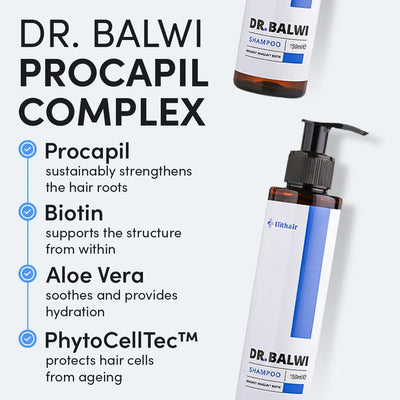 Das Bild zeigt die Flaschen des Dr. Balwi Procapil Complex Shampoos mit dem Text der Inhaltsstoffe: Procapil für die Haarwurzeln, Biotin für die Struktur, Aloe Vera für die Hydratation und PhytoCellTec für den Schutz der Haarzellen.