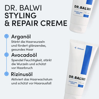 Ein Werbebild für die Dr. Balwi Styling & Repair Creme aus dem Dr. Balwi Shop, die mit Arganöl und Avocadoöl für geschmeidiges Haar, Feuchtigkeit, gesunden Glanz, Haarwachstum und Schutz vor Haarausfall und Haarbruch sorgt.